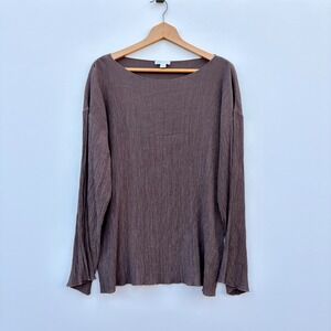 Arket Womens Brown Plisse Crinkle‎ Long Sleeve Boat Neck Oversized Top Size L